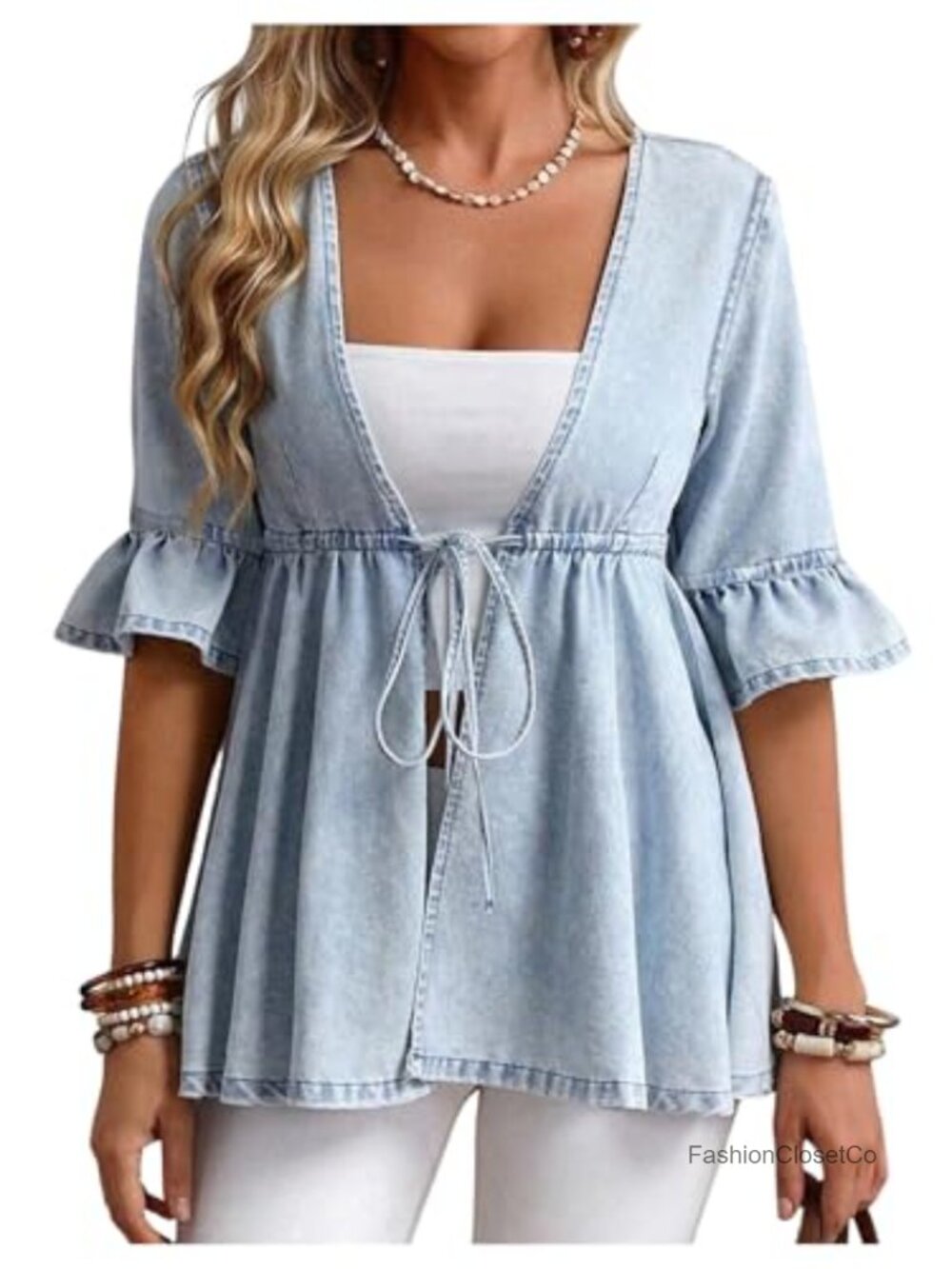 Plus Size Peplum Denim Jacket Deep V Neck Tie Front Split Hem